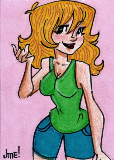 Cartoon sketch card of smiling woman by Jme Foronda, featured in trading cards collection