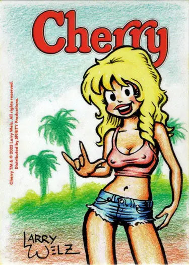 Cartoon sketch card of a blonde woman in a pink crop top by Paul Maitland