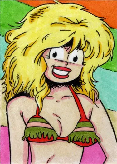 Cartoon character with voluminous blonde hair in colorful bikini on Rusty Gilligan sketch card