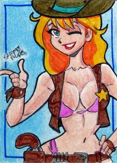 Cartoon cowgirl in bikini with thumbs up on Cherry February/March 2023 Sketch Card Sammo Filipo