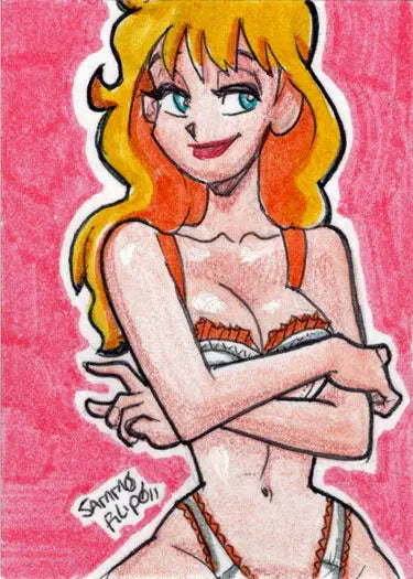 Cartoon drawing of a blonde woman in a bikini on a Sammo Filipo sketch card