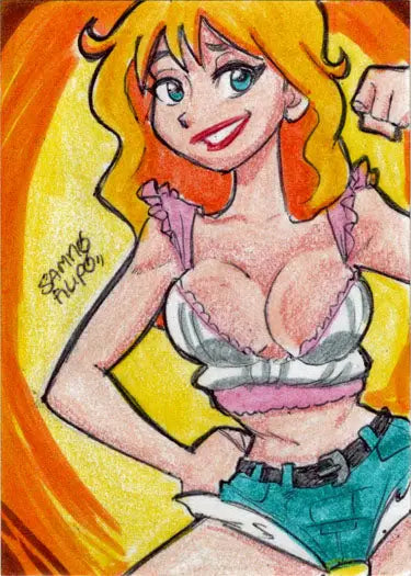 Cartoon sketch card of voluptuous woman by Sammo Filipo for trading cards series