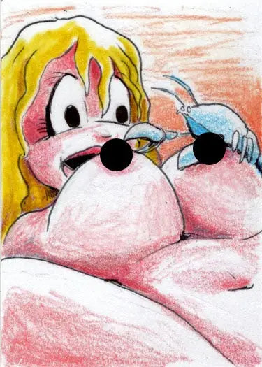 Cartoon character with blonde hair and pink nose in Jay Mooers Sketch Card design
