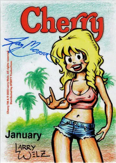 Cartoon sketch card of blonde woman in summer attire by Jay Mooers with palm trees