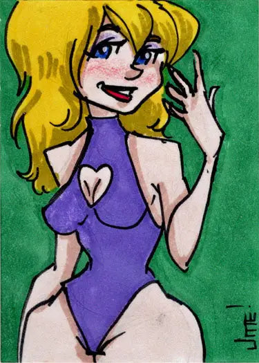 Cartoon sketch card of a blonde woman in a purple swimsuit by Jme Foronda