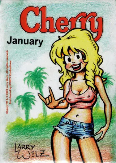 Cartoon sketch card of blonde woman in pink crop top by Jme Foronda for trading cards