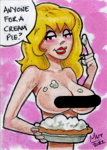 Cartoon sketch card by Paul Maitland featuring a blonde woman with a cream pie