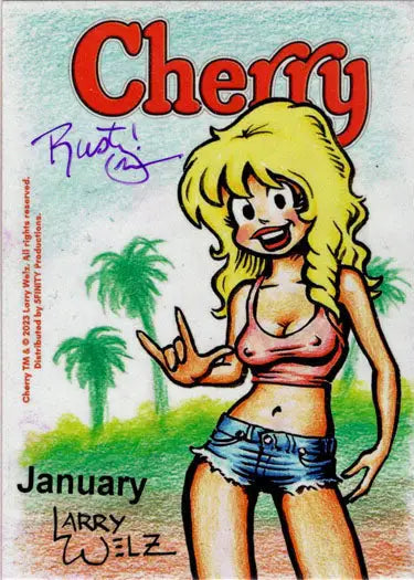 Blonde woman in summer attire on Cherry January 5finity Sketch Card by Rusty Gilligan