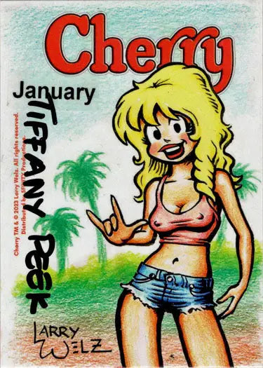 Cartoon drawing of a blonde woman in summer attire for Tiffany Peek Sketch Card
