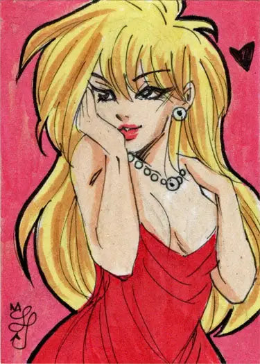 Anime-style sketch card of a blonde woman in a red dress by Tiffany Peek