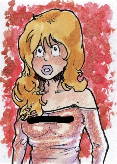 Cartoon-style sketch card of a wide-eyed blonde woman by April Reyna against red backdrop