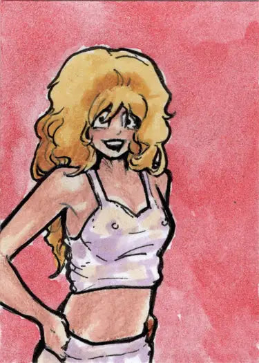 Cartoon-style blonde woman in white crop top for April Reyna Sketch Card trading cards