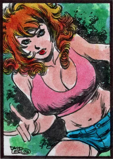 Comic-style illustration of woman with red hair on Cherry November 5finity Sketch Card by David Lee