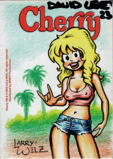 Cartoon drawing of blonde woman in pink crop top on Cherry November 5finity sketch card