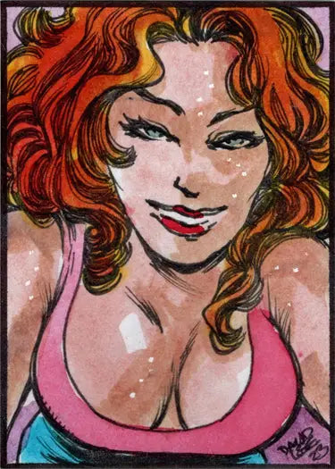 Colorful illustration of a woman with red-orange hair on Cherry November Sketch Card David Lee