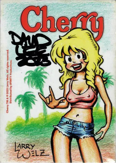 Cartoon blonde woman in pink top and denim shorts on Cherry November Sketch Card by David Lee