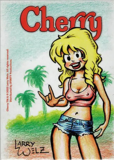 Cartoon blonde woman in pink crop top on Cherry November 5finity sketch card by Delanio Dourado