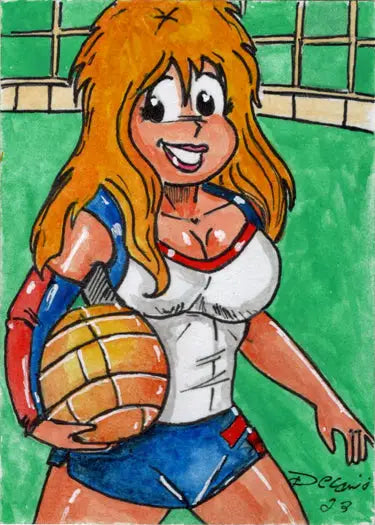 Cartoon sketch card of a busty blonde woman in sporty attire holding a volleyball