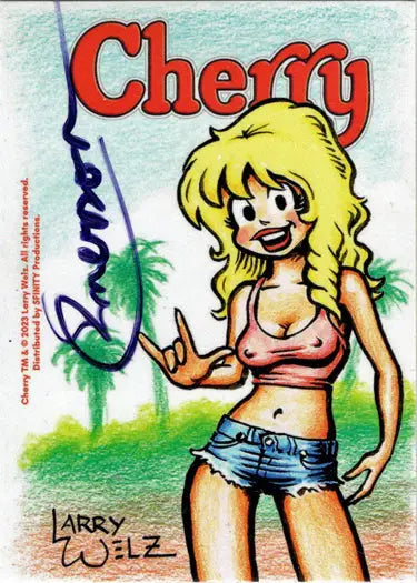 Cartoon drawing of blonde woman in crop top with palm tree on Cherry November 5finity Sketch Card