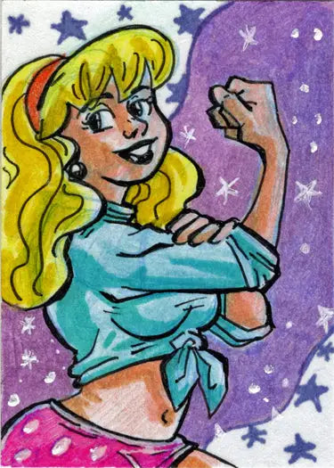 Cartoon sketch card of a confident blonde woman in a blue top for Cherry November 5finity