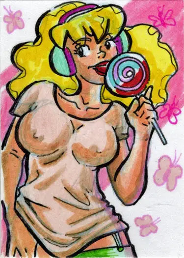 Cartoon-style Sketch Card of a curvy blonde woman with a lollipop for trading cards