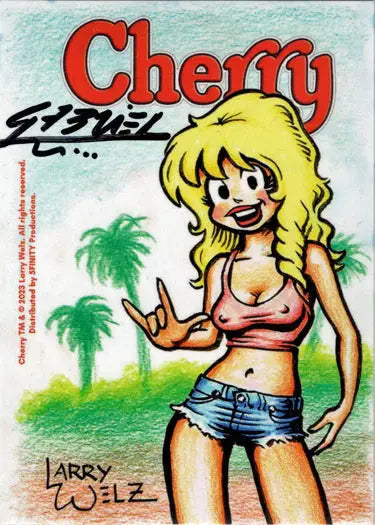Cartoon sketch card of a blonde woman in pink top by Ulisses Gabriel, for trading cards