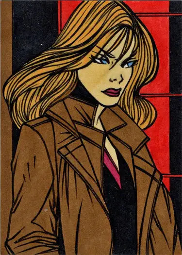 Comic-style illustration of a woman with blonde hair in a brown coat, Ulisses Gabriel Sketch Card