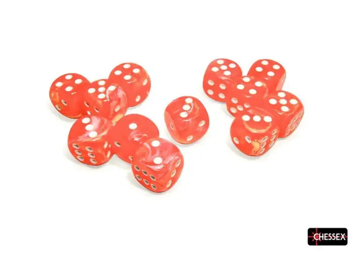 Red dice with white dots from Chessex 16mm D6 Festive Dice Set Dahlia/White