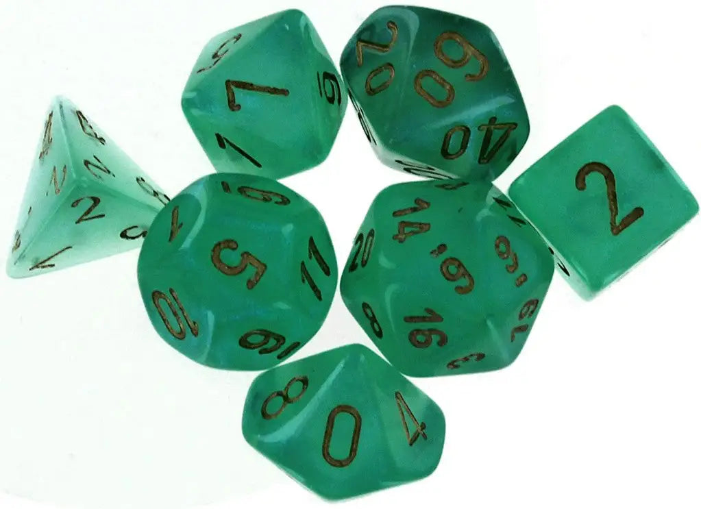 Translucent green polyhedral dice set in Chessex Borealis Light Green/Gold design