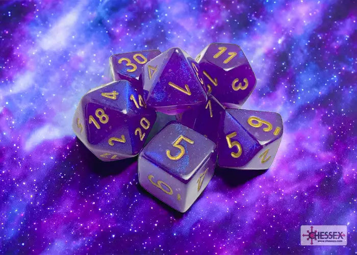 Chessex Borealis Royal Purple Gold Luminary 7-Dice Set for tabletop gaming