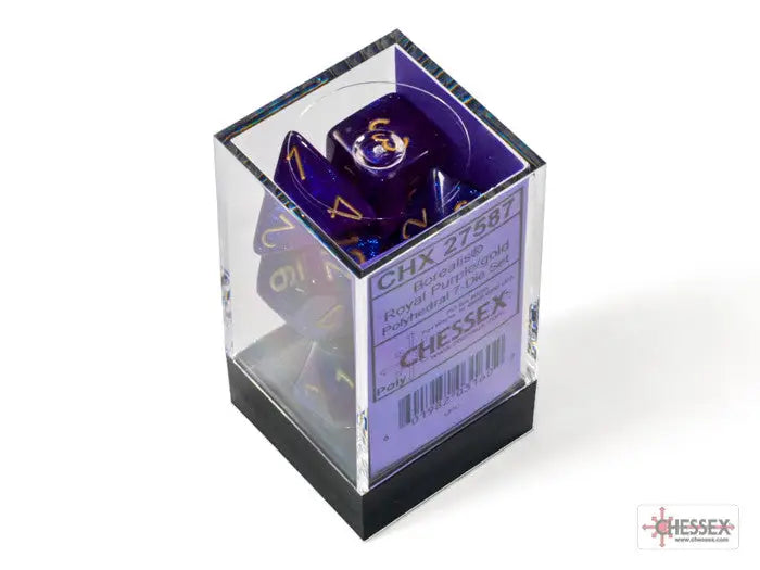 Chessex Borealis Royal Purple Gold 7-Dice Set in clear plastic container for gaming