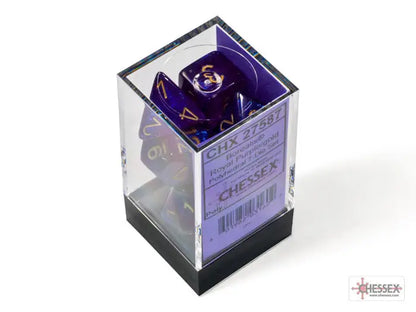 Chessex Borealis Royal Purple Gold 7-Dice Set in clear plastic container for gaming