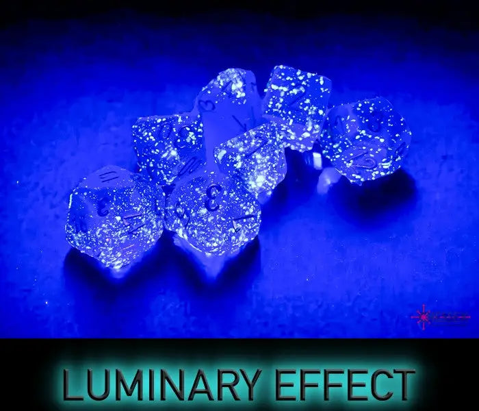 Glowing Chessex Borealis Royal Purple Gold Luminary Polyhedral 7-Dice Set