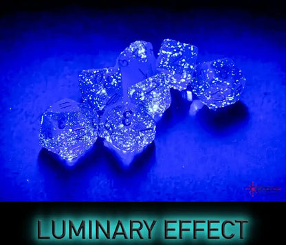 Glowing Chessex Borealis Royal Purple Gold Luminary Polyhedral 7-Dice Set