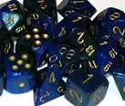 Blue and gold polyhedral chessex d10 Gemini dice set for tabletop gaming