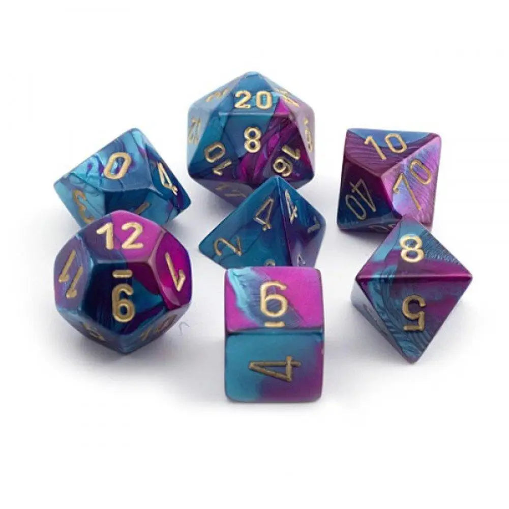 Colorful chessex D10 Gemini dice set for tabletop gaming and role-playing adventures