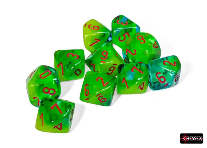 Green and blue chessex d10 gemini dice with red numbers from the chessex d10 gemini set