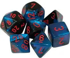 Iridescent blue and black chessex d10 Gemini dice with red numbers for gaming