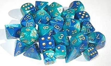 Pile of blue and teal marbled chessex d10 Gemini dice for tabletop gaming