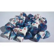 Pile of blue and white marbled chessex d10 Gemini dice for tabletop gaming
