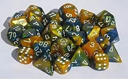 Pile of multicolored polyhedral dice from CHESSEX D10 Gemini Dice Sets featuring D10 Gemini dice