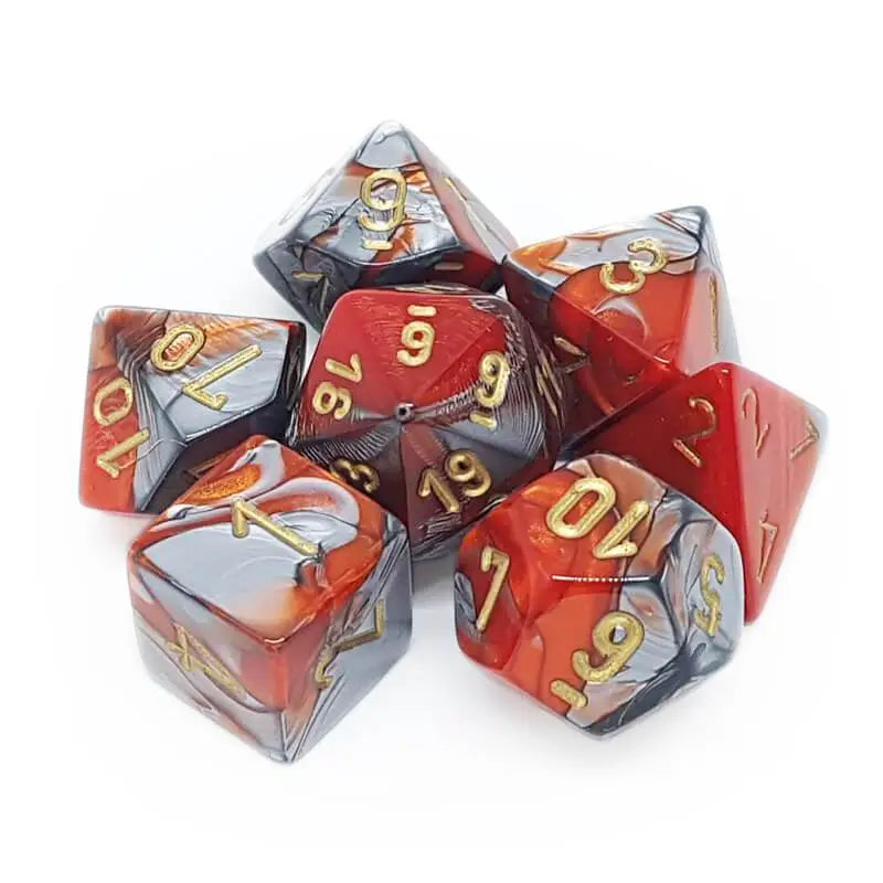 Red and gray marbled D10 Gemini dice set from Chessex D10 Gemini collection