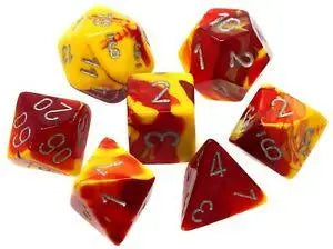 Red and yellow marbled Chessex D10 Gemini dice set for tabletop gaming