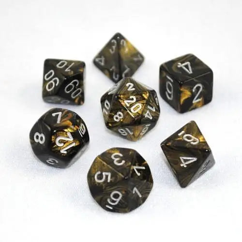Set of black and gold marbled polyhedral dice from Chessex D10 Gemini Dice Sets