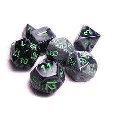 Set of black and green polyhedral chessex D10 Gemini dice for tabletop gaming