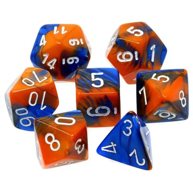 Blue and orange marbled Chessex D10 Gemini dice set for tabletop gaming