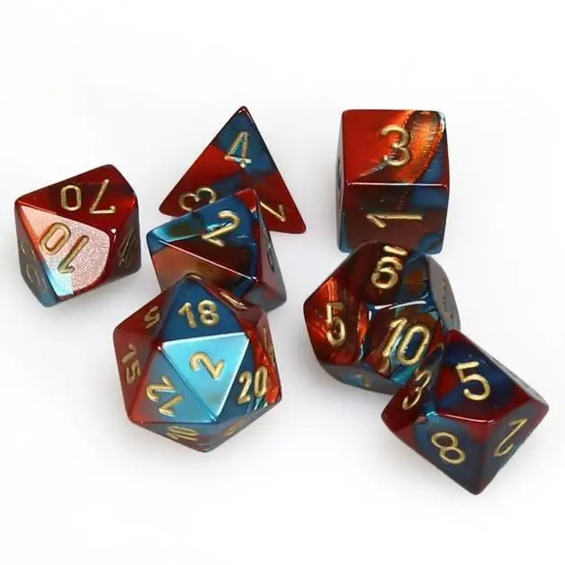 Chessex D10 Gemini dice set with red and blue marbled polyhedral dice with gold numbers