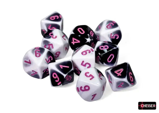 Set of two-toned chessex d10 gemini dice with pink numbers for tabletop gaming