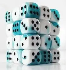 Stacked blue and white D10 Gemini dice cube from Chessex D10 Gemini dice sets