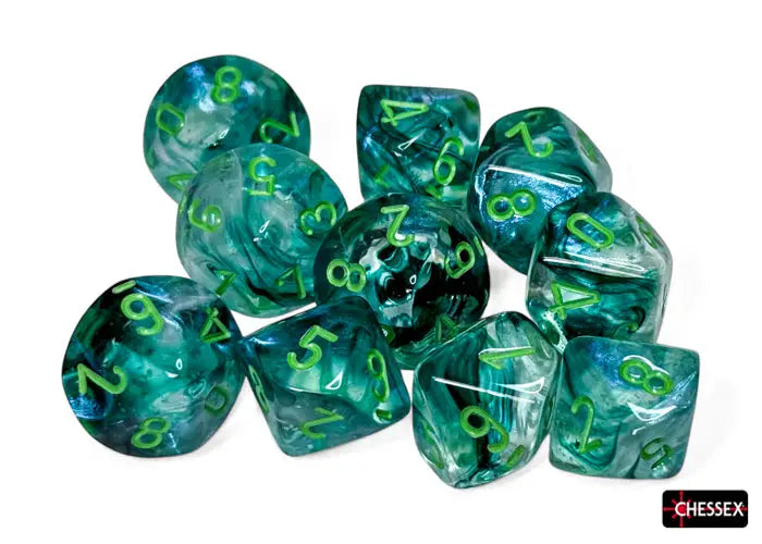 Green and blue marbled Chessex D6 Borealis D10 Dice Set for tabletop gaming